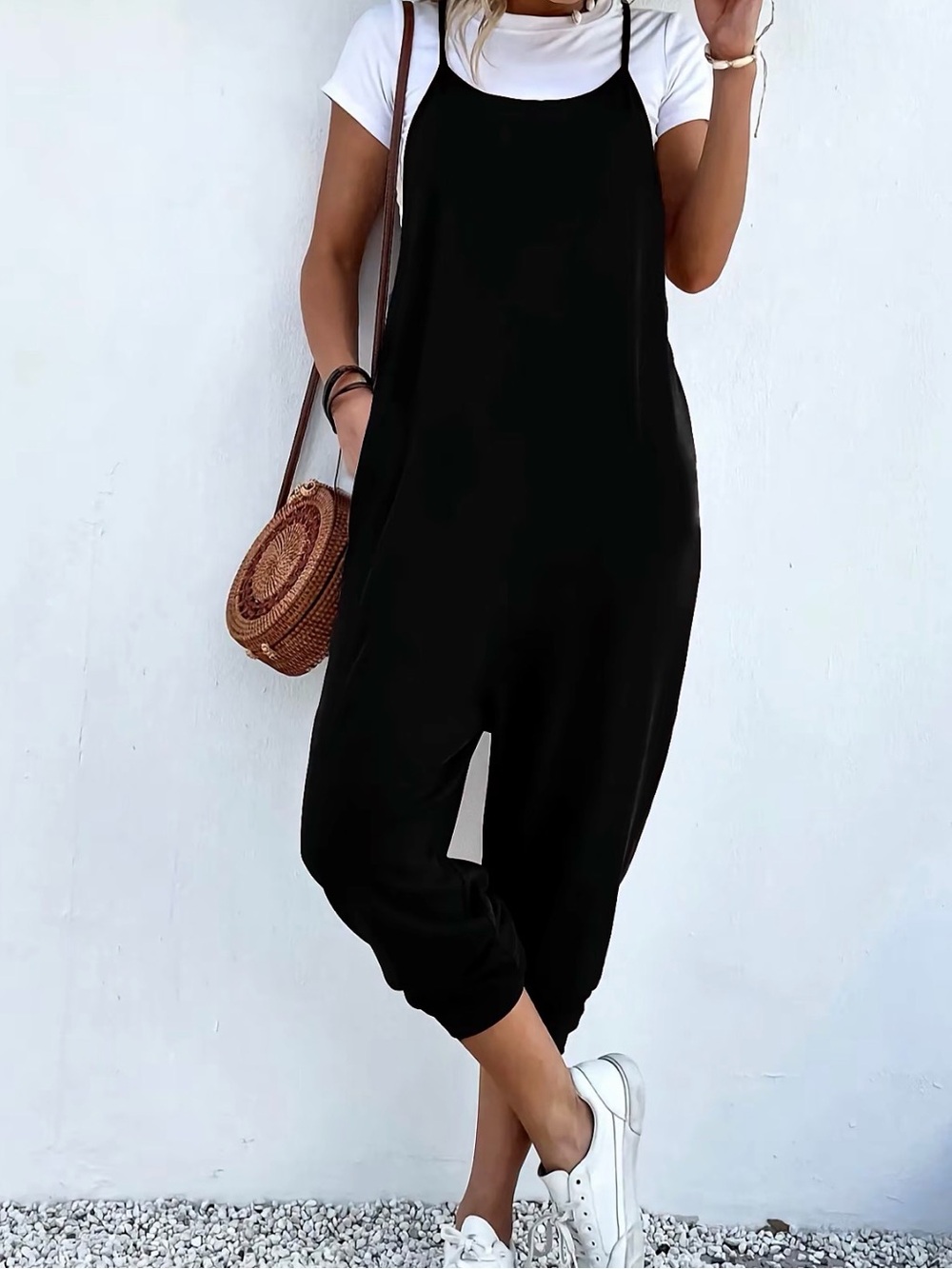 Women’s Black Relaxed Cami Jumpsuit with Adjustable Straps